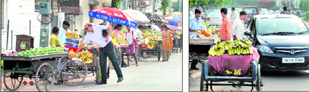 Fruit vendors line up along a road near the Sector-7 market; and (right) a customer parks his car beside the rehris at Sector 9, Panchkula