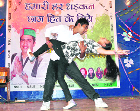 Students present an item during a freshers party organised by the NSUI at the Rajkiya Kanya Mahavidyalaya in Shimla on Friday. 