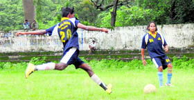 Players in action in a match in the Lala Nemi Dass Memorial District Football Tournament in Dehradun on Saturday.