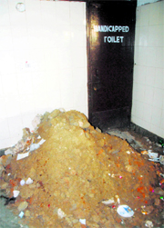 Debris lying in front of a toilet.