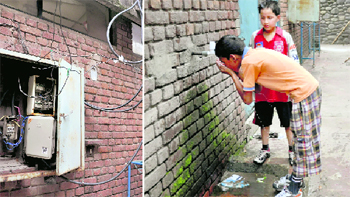 Open electricity wires at the sports complex; and (right) children drink water from a tap which is at the rear side of the wall which has a junction box at Sector 46, Chandigarh.