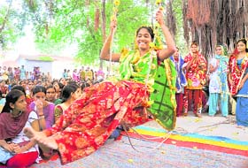 Students of Government Girls College, Karnal, celebrate the Teej festival, falling on Monday