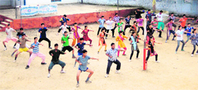 NSS volunteers learn karate at a camp in Senior Secondary School, Mahadev, near Sundernagar.