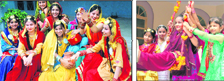 Students of SAN Model School; and (right) GMT Public School enjoy Teej celebrations in Ludhiana