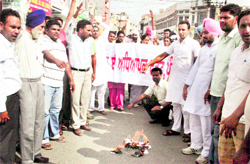 Members of the Unemployed Teachers Front burn copies of the results of the Teacher Eligibility Test in Bathinda on Sunday