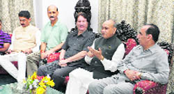 Chief Minister Prem Kumar Dhumal addresses mediapersons at Chamba