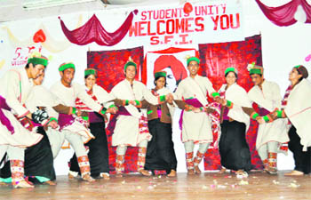 Students perform during a welcome party at Government College, Sanjauli, in Shimla 