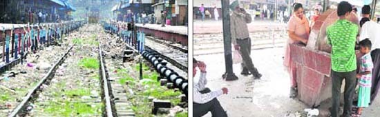 Railway tracks are littered with garbage and filth, leading to unhygienic conditions; and (right) Litter and overflowing water around taps used by passengers to quench their thirst