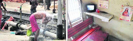 A man takes a bath using water from a pipeline meant for replenishing trains; and (right) An unmanned surveillance room meant for monitoring CCTV camera footage at the Ludhiana railway station