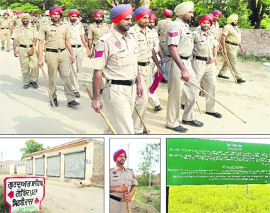 (Clockwise from top) Police personnel patrol a road in Gobindpura village of Mansa district on Monday; the board set by Indiabulls company; a cop on guard at the acquired land site and a village street wears a deserted look