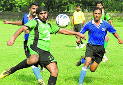 Players in action during a match of the Instituitional Football League in Chandigarh on Tuesday