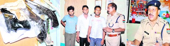 (From left) Weapons seized from the suspects; the arrested persons; and SP (City) Kiran Lal Shaw gives details about the arrests on Tuesday in Haridwar