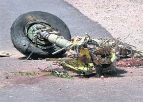 Wreckage of the MiG-21 fighter aircraft that crashed soon after taking off from Naal airfield in Rajasthan's Bikaner district on Tuesday