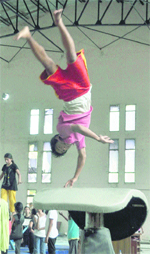 An exercise in progress at the District Inter-School Gymnastics in Ludhiana.