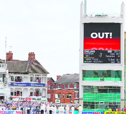 The scoreboard shows the third umpires run-out decison at Trent Bridge