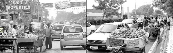 Vendors sell fruits on the roadside at Kharar (left) and the Zirakpur border