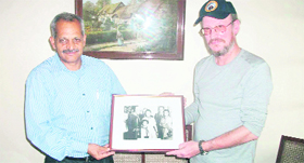 Historian Gopal Bhardwaj with Russian envoy Dmitry E Chelyshev in Mussoorie.