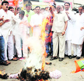 BJP leaders led by state unit president Krishanpal Gurjar burn an effigy of UPA chairperson and Congress president Sonia Gandhi at Gurgaon on Thursday in protest against the leasing out of shamlat land of Ulhawas village to the Rajiv Gandhi Charitable Trust. 