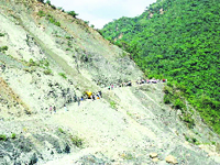 A landslide at Kaali Ghaar on the Chamba-Pathankot road.