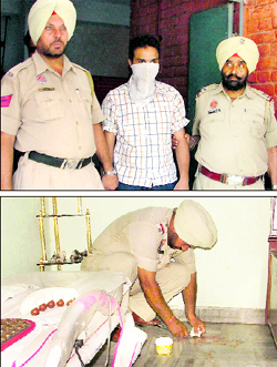 Accused Jagdeep Singh in police custody in Ludhiana on Thursday and (below) A cop collects blood samples of Gurpreet, the murder victim