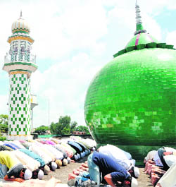 Devotees offer prayers on the first Friday of the holy month of Ramzan at Jama Masjid in Dehradun.  