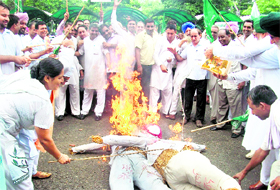 INLD workers burn effigies of Chief Minister Bhupinder Singh Hooda and Rahul Gandhi in front of the mini-secretariat at Kurukshetra on Friday.