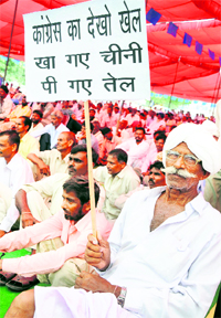 Supporters of the BSP stage a protest against price rise in Karnal on Friday.