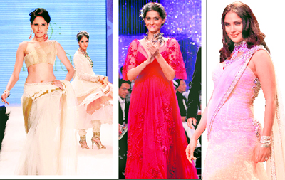 Bollywood actress Shraddha Kapoor, Sonam Kapoor and Lara Dutta during the grand finale of IIJW 2011 fashion show in Mumbai on Thursday night.