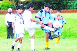 A match in progress in the Carbery Memorial Inter-school Sub-junior Football Tournament in Dehradun