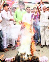BJP activists burn an effigy of Sonia Gandhi to protest against the lease of shamlat land to the Rajiv Gandhi Charitable Trust at Gurgaon