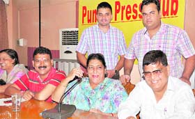 Former Punjab Congress minister Gurkanwal Kaur and members of the Cantonment Board address mediapersons in Jalandhar on Sunday