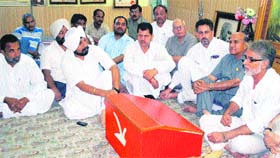 Members of the Gandhi Nagar constituency of the National Conference hold a meeting at the Sher-e-Kashmir office in Jammu on Sunday.