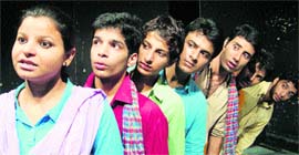 A scene from Aurat, staged at the Natrang Studio in Jammu on Sunday.
