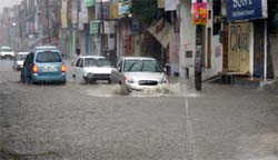 The main market of the Moga town was submerged due to the downpour
