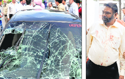 The broken windscreen of a car after it hit pedestrians in Sector 4; and (right) The driver of the car being taken for a medical examination to General Hospital, Sector 6, Panchkula, on Monday.