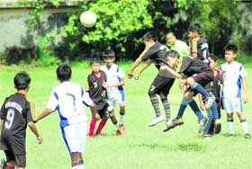 A match in the Carbery Memorial Inter-school Sub-junior Football Tournament in Dehradun on Monday.