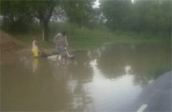 A scooterist stuck in the accumulated rainwater on the Bathinda-Mansa road. 