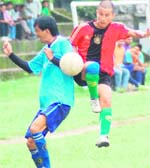 A match in progress in the Lala Nemi Dass Memorial District Football League played on the Pavilion ground in Dehradun