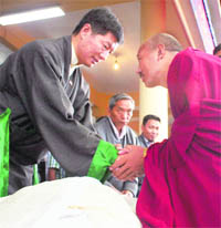 Dr Lobsang Sangay, Tibetan Prime Minister-in-exile, being accorded a ceremonial honour at the Tsugla Khang Temple at McLeodganj on Tuesday.
