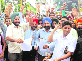 Members of the Shaheed Bhagat Singh Naujwan Sabha, Punjab and Haryana, burn copies of the Lokpal Bill and protest against the UPA government in Jalandhar on Tuesday. 