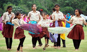 Students of various schools rehearse for the Independence Day function at Tau Devi Lal Stadium in Gurgaon