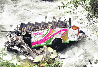 The ill-fated bus which plunged into a rivulet at Tissa in Chamba district 