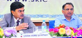 Union Home Secretary RK Singh (left) with Chief Secretary Madhav Lal at a review meeting in Srinagar on Wednesday
