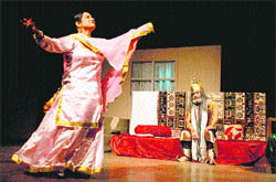 Artistes stage the play Balidan at the Tagore Theatre in Chandigarh 
