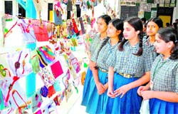 Students of Shiv Dale School, Jagjeetpur, have a look at Rakhis at an exhibition on the school premises on Thursday
