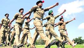 NCC cadets participate in the full-dress rehearsal for the Independence Day function at the PAP ground in Jalandhar on Thursday.