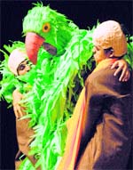 Artistes stage the play, Tota Kahani at Tagore Theatre in Chandigarh on Friday
