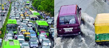 A view of long traffic jam at Vikas Marg near ITO, (R) two vehicles wade through a waterlogged road in New Delhi on Friday.