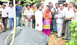 Agriculture Minister Ghulam Hassan Mir (third from right) during his visit to the Ratnu Chak area of Dansal subdivision to inspect the working of biogas units.