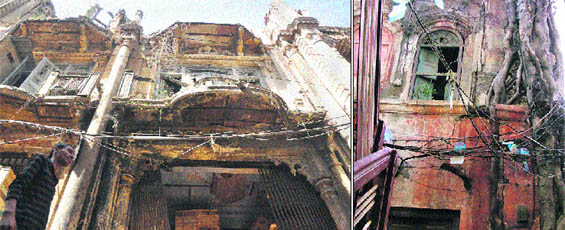 A dilapidated building at Mali Gunj; and (right) one in Pindi Street is endangering the life of commuters and shopkeepers in Ludhiana.